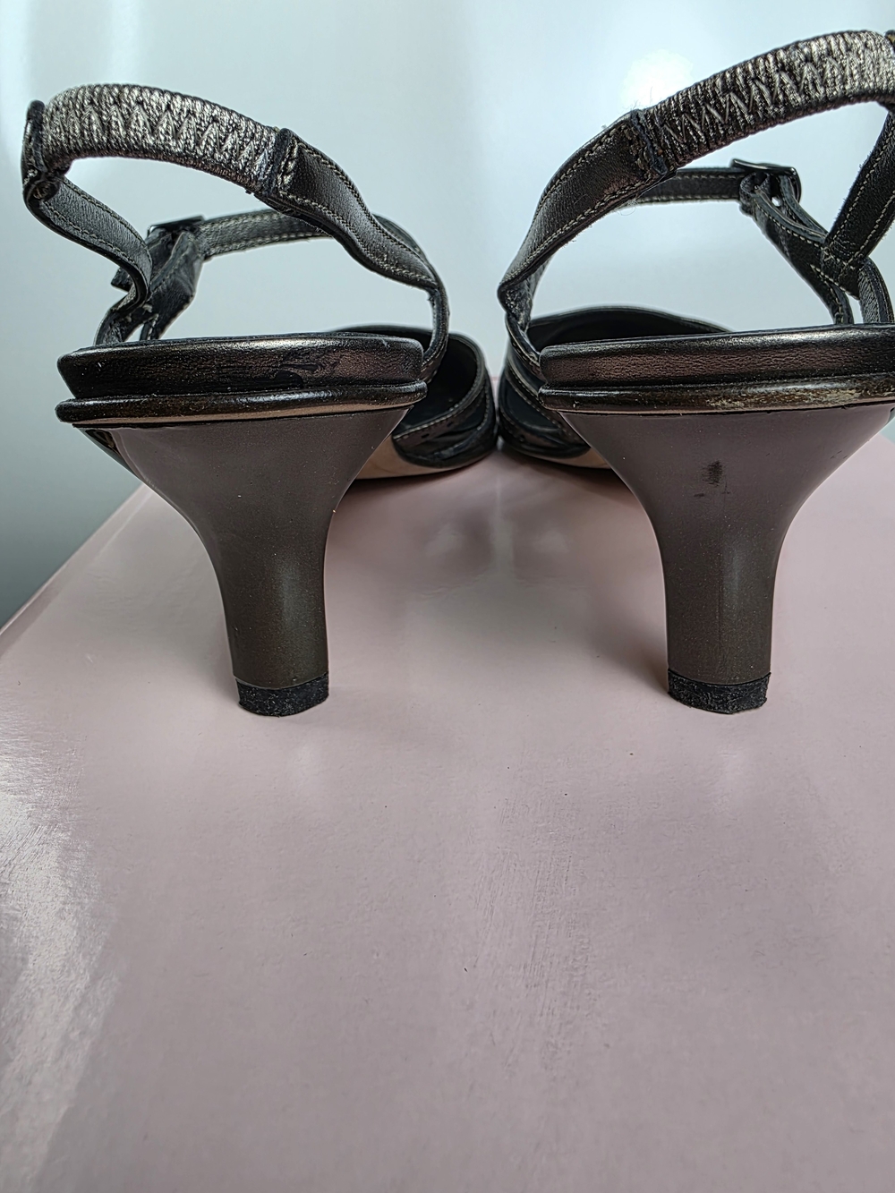 Italian Leather Metallic Pewter Slingback Heels |Size 8 AA Narrow Y2K Square Toe - Picture 6 of 9